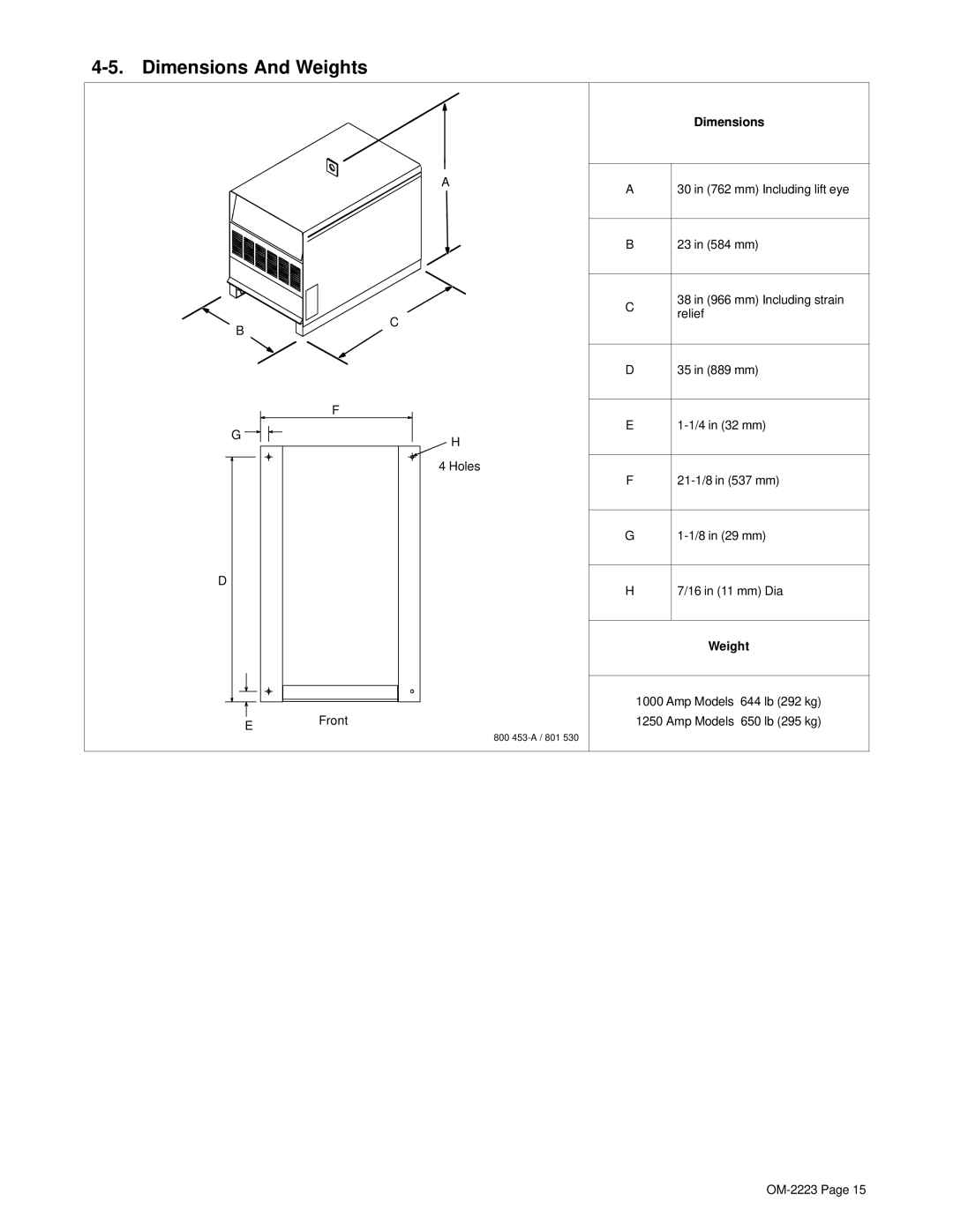 Miller Electric 1000, 1250 manual Dimensions And Weights 