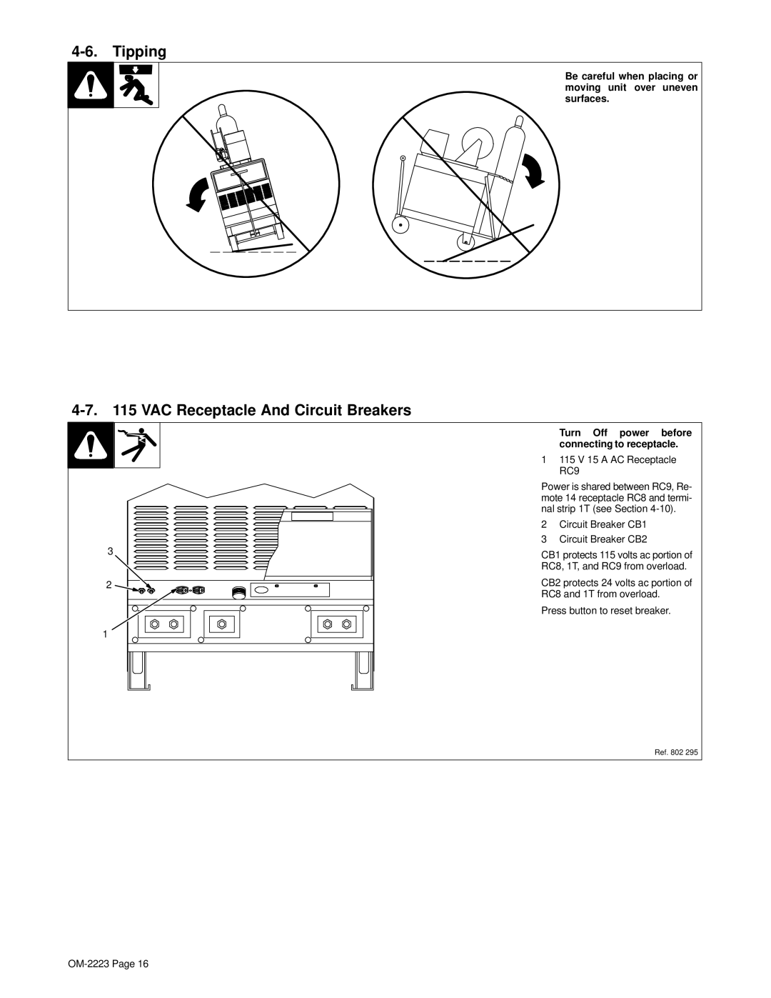 Miller Electric 1250, 1000 Tipping, VAC Receptacle And Circuit Breakers, Turn Off power before connecting to receptacle 