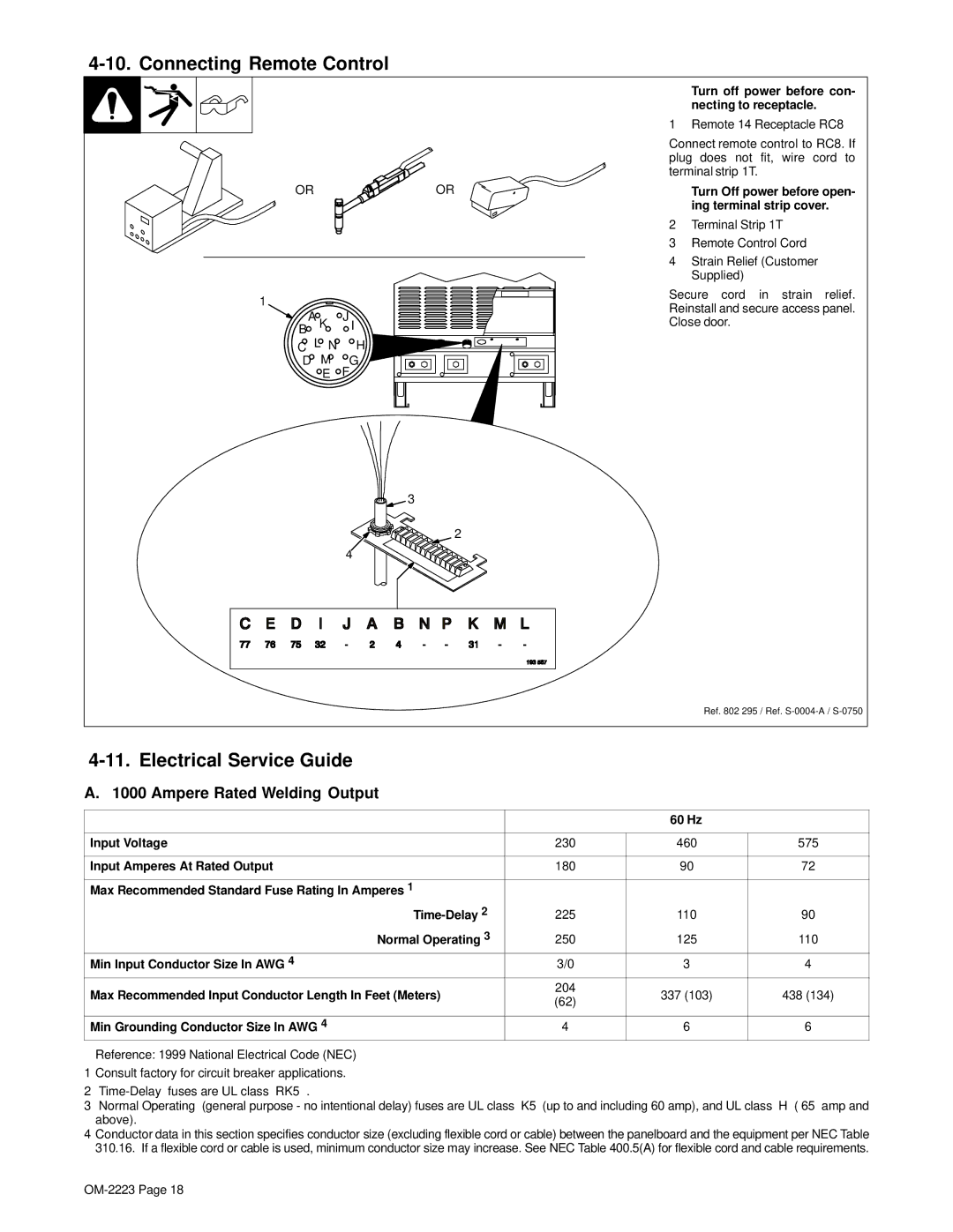 Miller Electric 1250, 1000 manual Connecting Remote Control, Electrical Service Guide, Ampere Rated Welding Output 