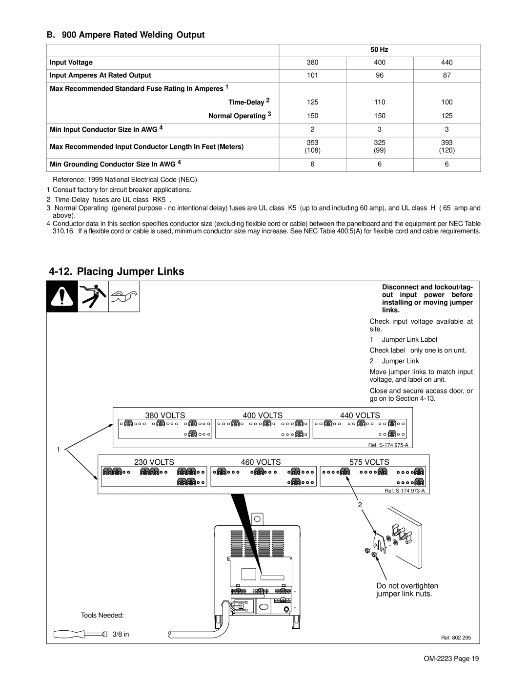 Miller Electric 1000, 1250 manual Placing Jumper Links, Hz Input Voltage 