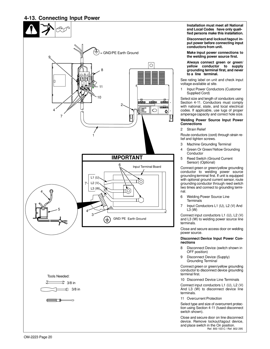 Miller Electric 1250, 1000 manual Connecting Input Power, Welding Power Source Input Power Connections 