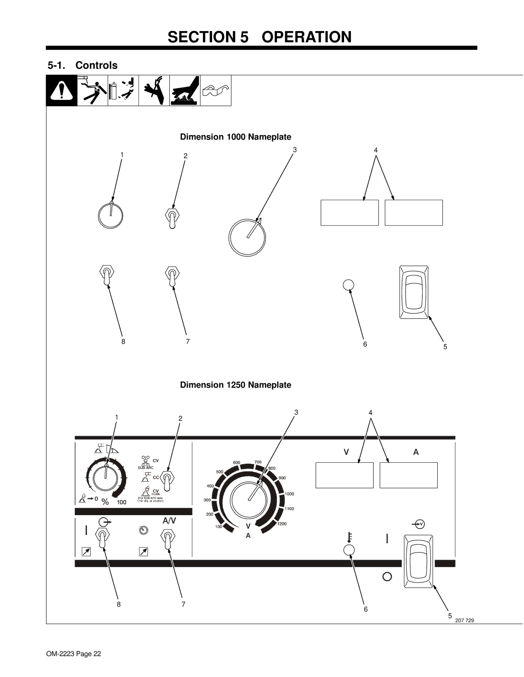 Miller Electric manual Operation, Controls, Dimension 1000 Nameplate Dimension 1250 Nameplate 