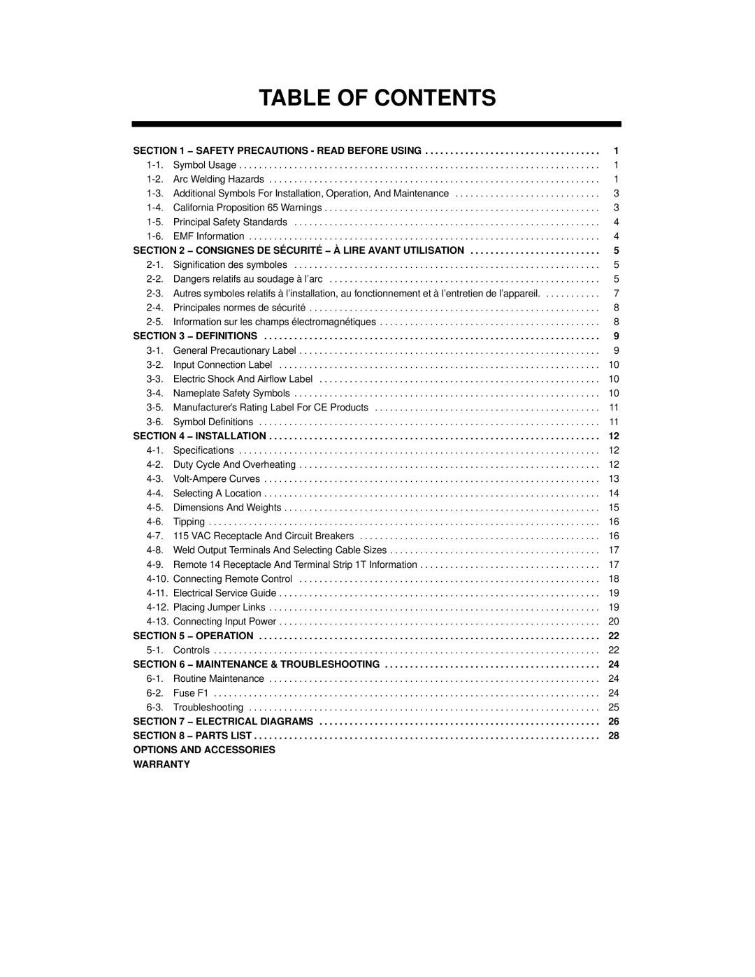 Miller Electric 1000, 1250 manual Table of Contents 