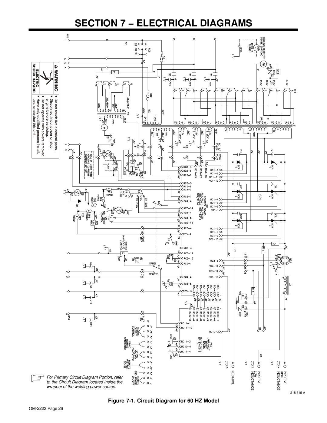 Miller Electric 1250, 1000 manual Electrical Diagrams, Circuit Diagram for 60 HZ Model 