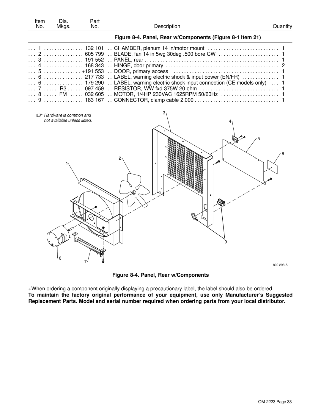 Miller Electric 1000, 1250 manual Panel, Rear w/Components -1Item 