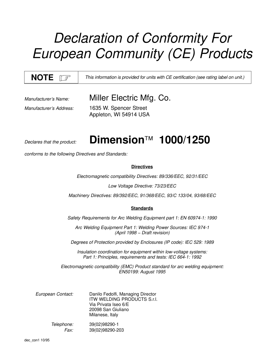 Miller Electric 1250, 1000 manual Directives, Standards 