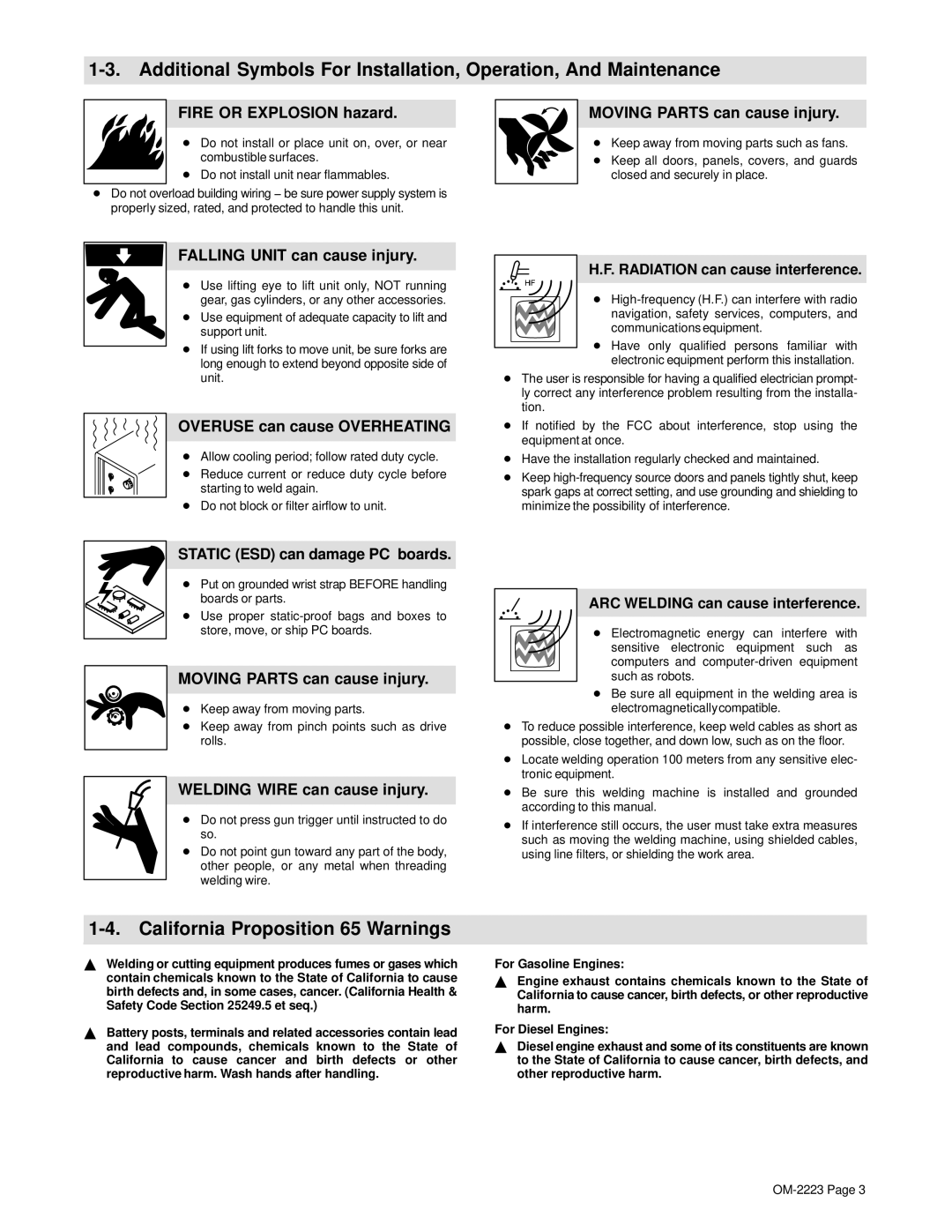 Miller Electric 1000, 1250 manual California Proposition 65 Warnings 