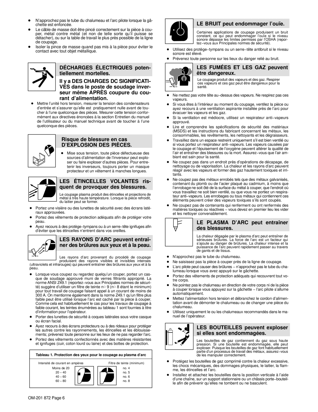 Miller Electric 1251, ICE-100TM manual Risque de blessure en cas, LE Bruit peut endommager l’ouïe 