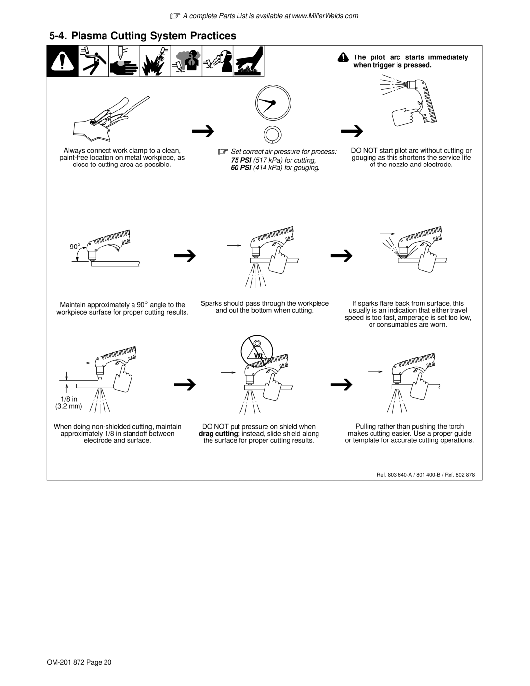 Miller Electric 1251, ICE-100T manual Plasma Cutting System Practices, Pilot arc starts immediately when trigger is pressed 