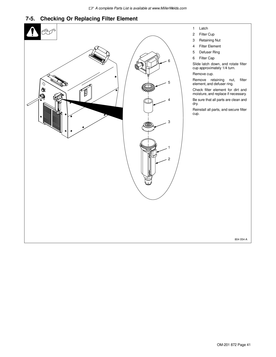 Miller Electric 1251, ICE-100TM manual Checking Or Replacing Filter Element 