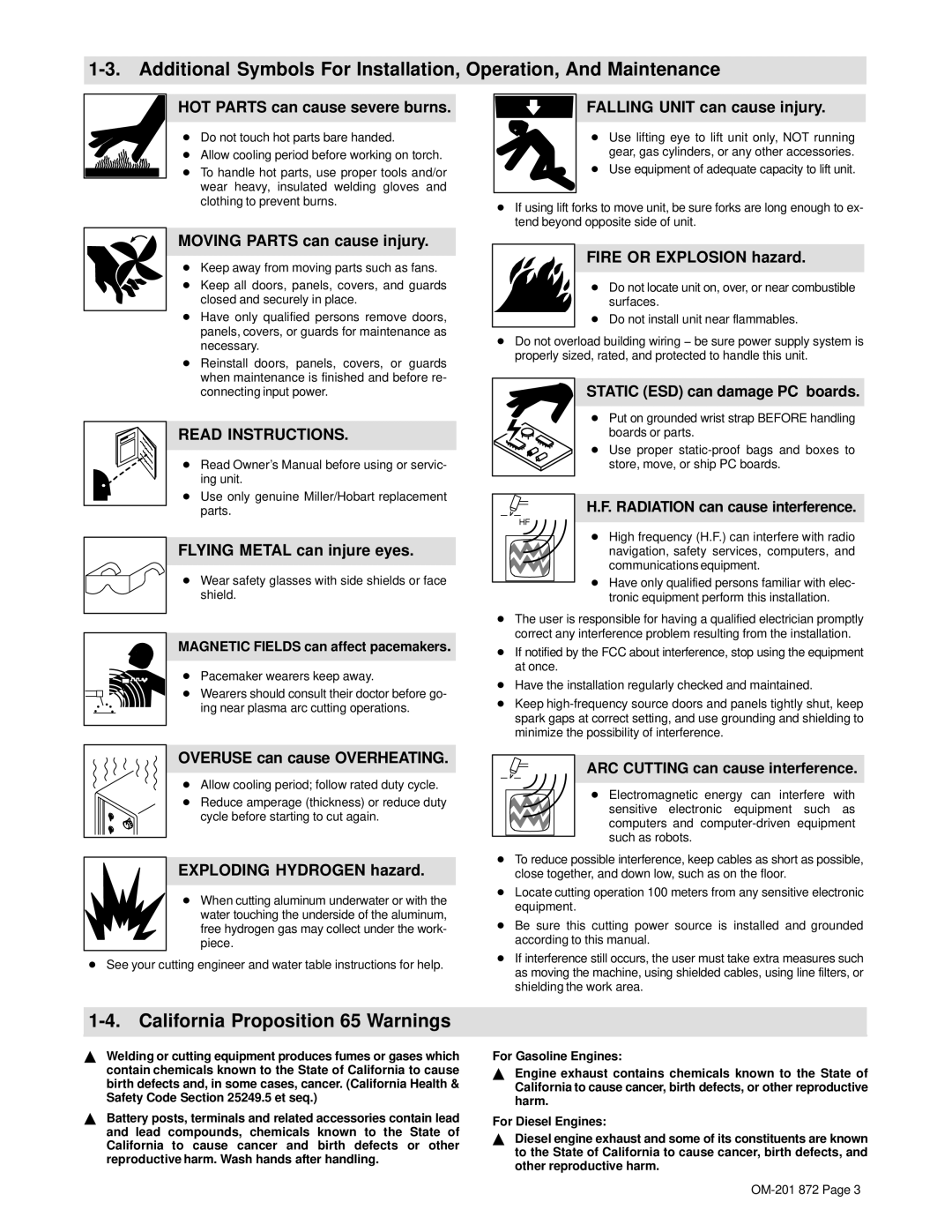 Miller Electric 1251, ICE-100TM manual California Proposition 65 Warnings 