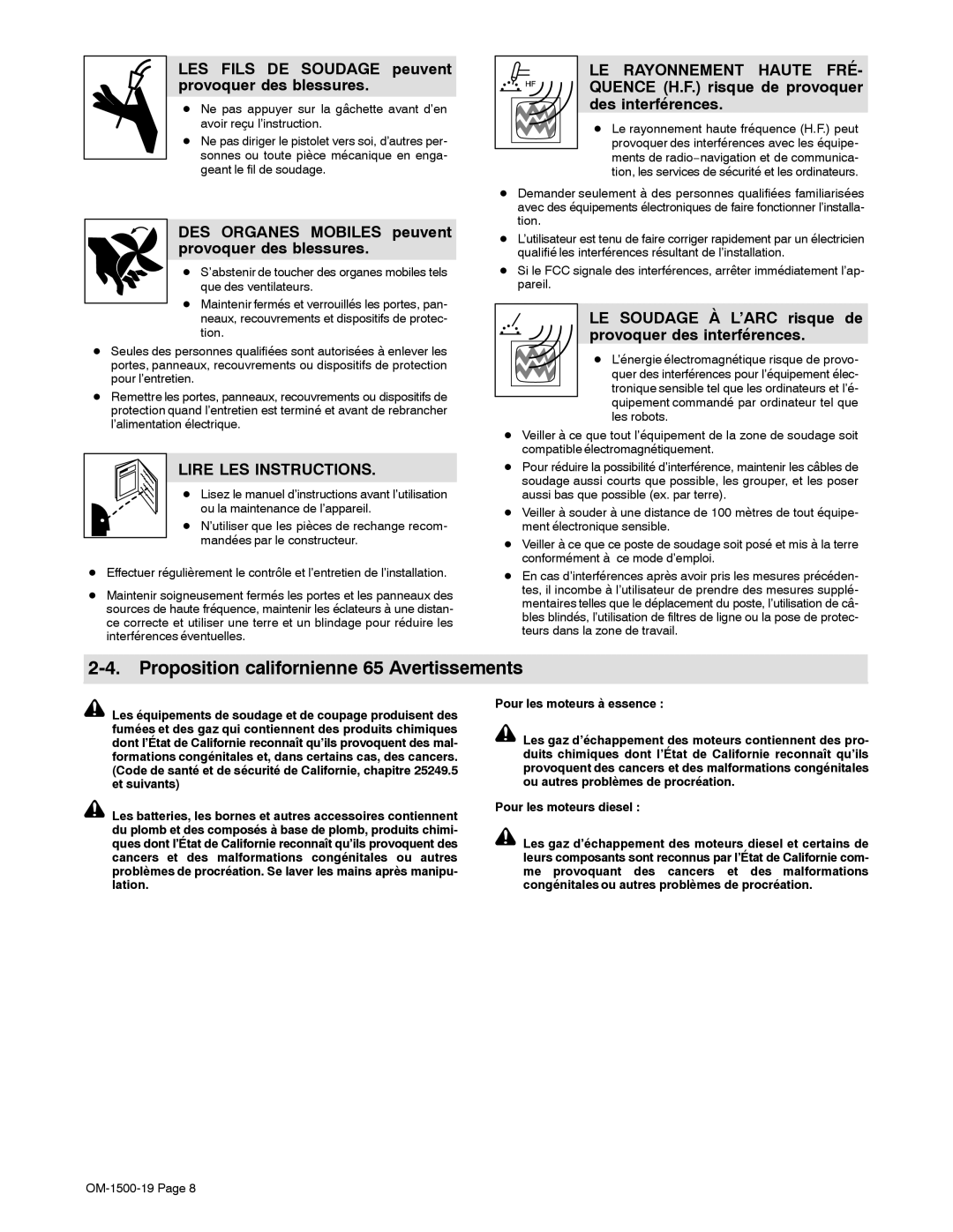 Miller Electric 12VS Proposition californienne 65 Avertissements, LES Fils DE Soudage peuvent provoquer des blessures 