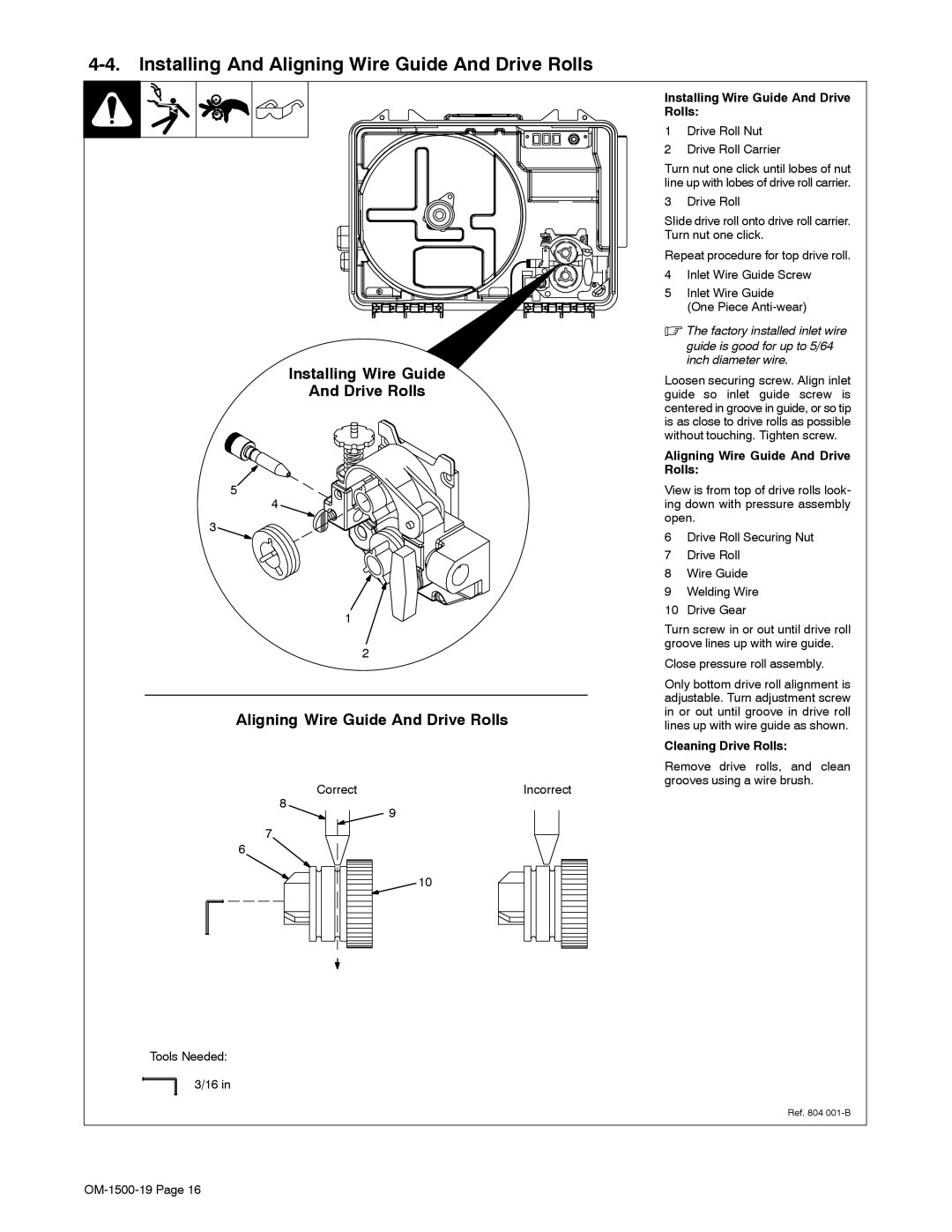 Miller Electric 12VS manual Installing And Aligning Wire Guide And Drive Rolls, Installing Wire Guide And Drive Rolls 