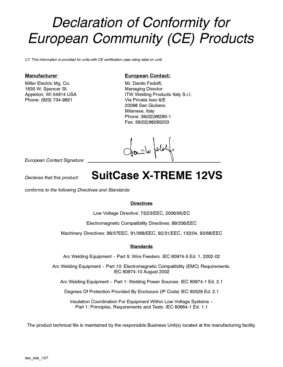 Miller Electric 12VS manual Directives, Standards, Decstat1/07 