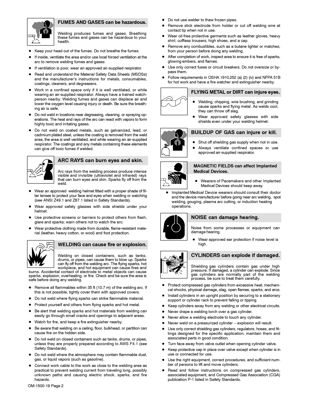 Miller Electric 12VS Fumes and Gases can be hazardous, ARC Rays can burn eyes and skin, Buildup of GAS can injure or kill 