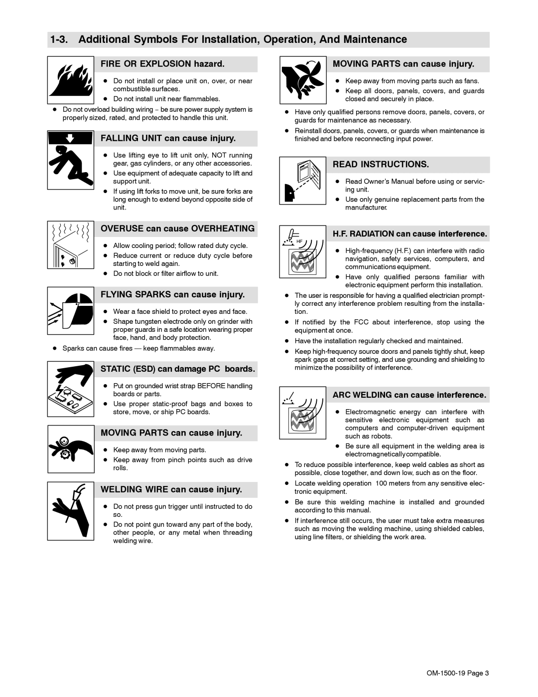 Miller Electric 12VS manual Fire or Explosion hazard, Falling Unit can cause injury, Moving Parts can cause injury 