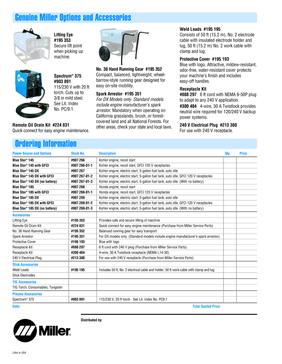 Miller Electric 145 DX manual Genuine Miller Options and Accessories, Ordering Information 