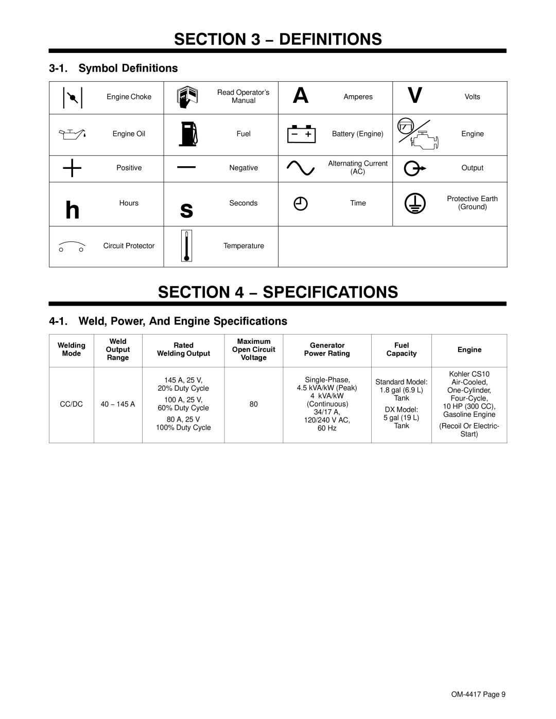 Miller Electric 145 DX manual Symbol Definitions, Weld, Power, And Engine Specifications 