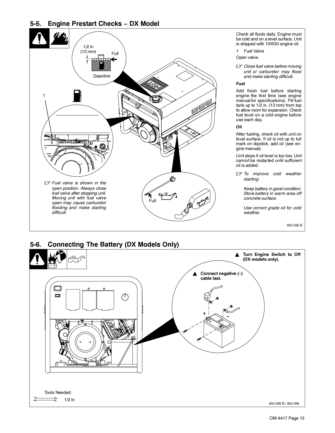 Miller Electric 145 DX manual Engine Prestart Checks − DX Model, Connecting The Battery DX Models Only, +, Tools Needed 1/2 