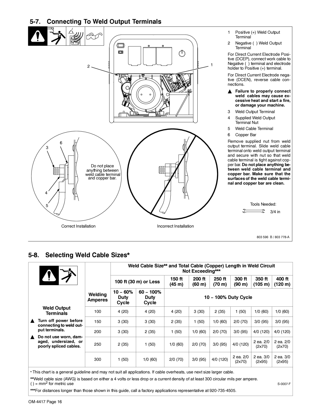 Miller Electric 145 DX manual Connecting To Weld Output Terminals, Selecting Weld Cable Sizes, 150 ft 200 ft 250 ft 