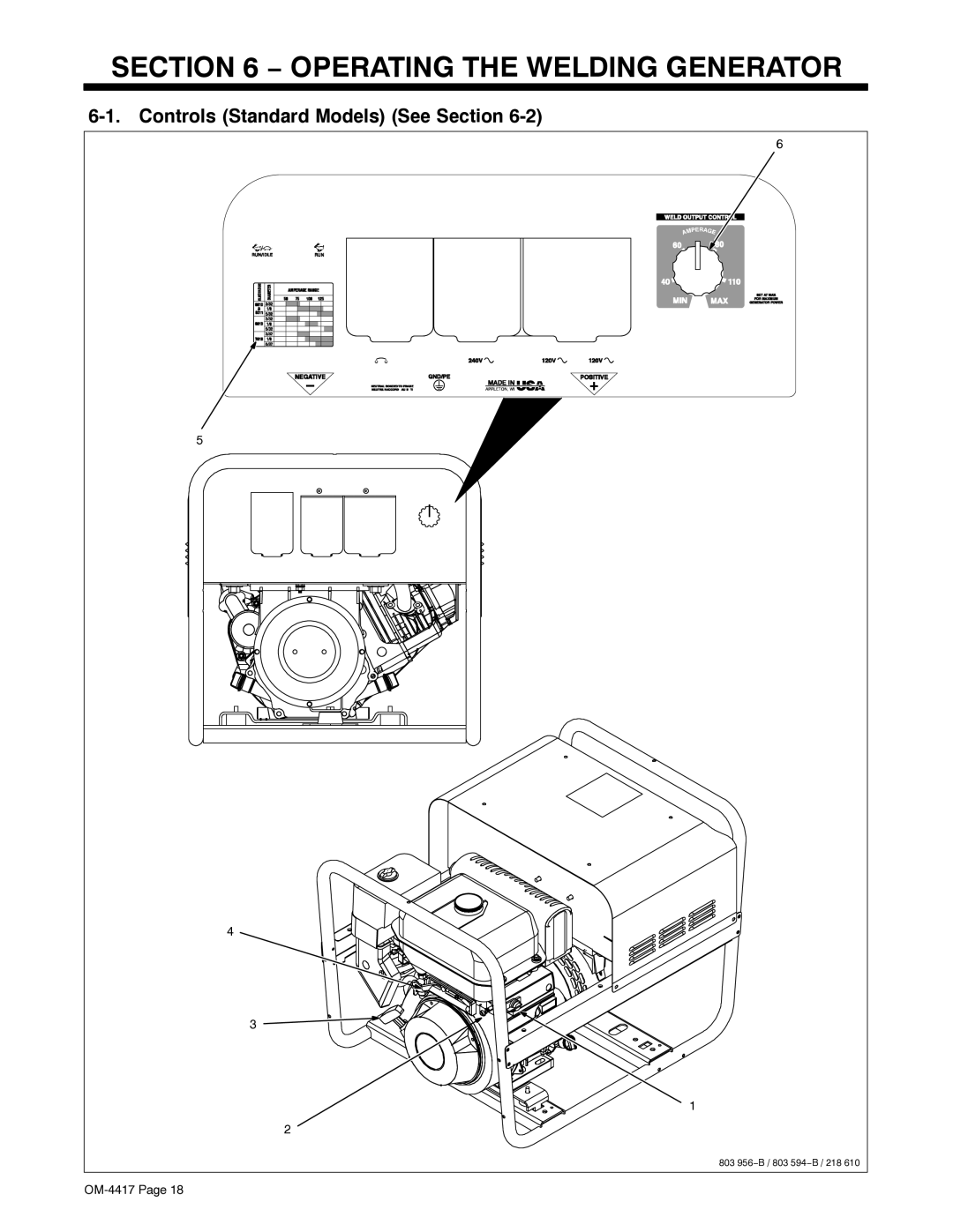 Miller Electric 145 DX manual Operating the Welding Generator, Controls Standard Models See Section 