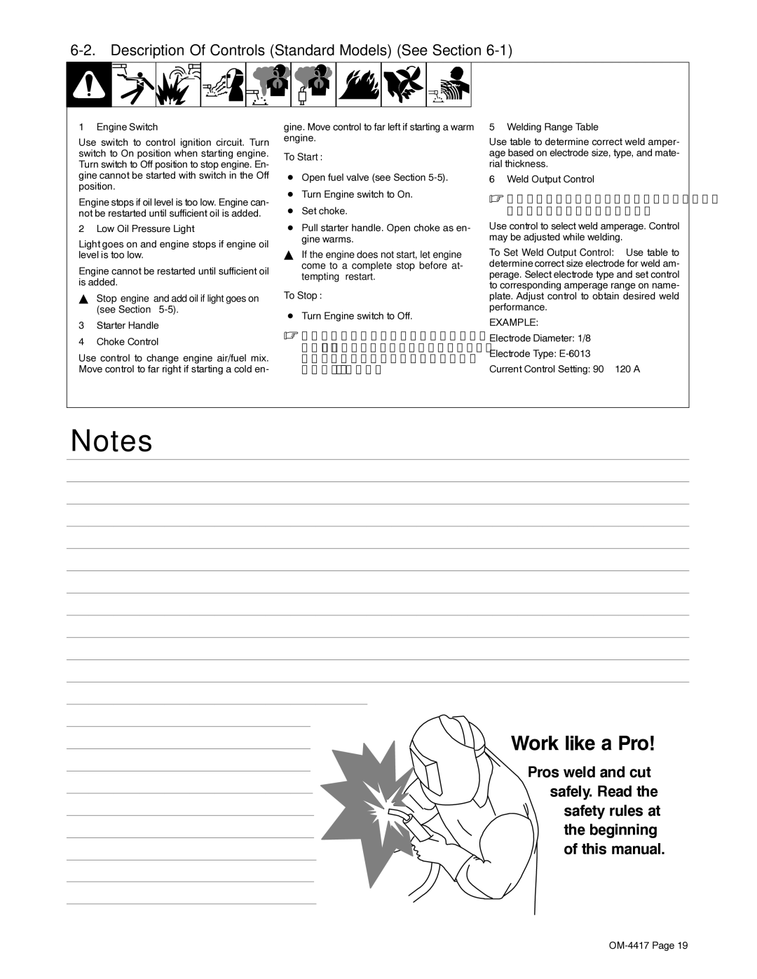 Miller Electric 145 DX manual Description Of Controls Standard Models See Section, To Start 