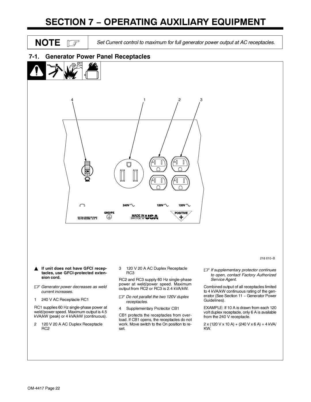 Miller Electric 145 DX manual Operating Auxiliary Equipment, Generator Power Panel Receptacles, AC Receptacle RC1 