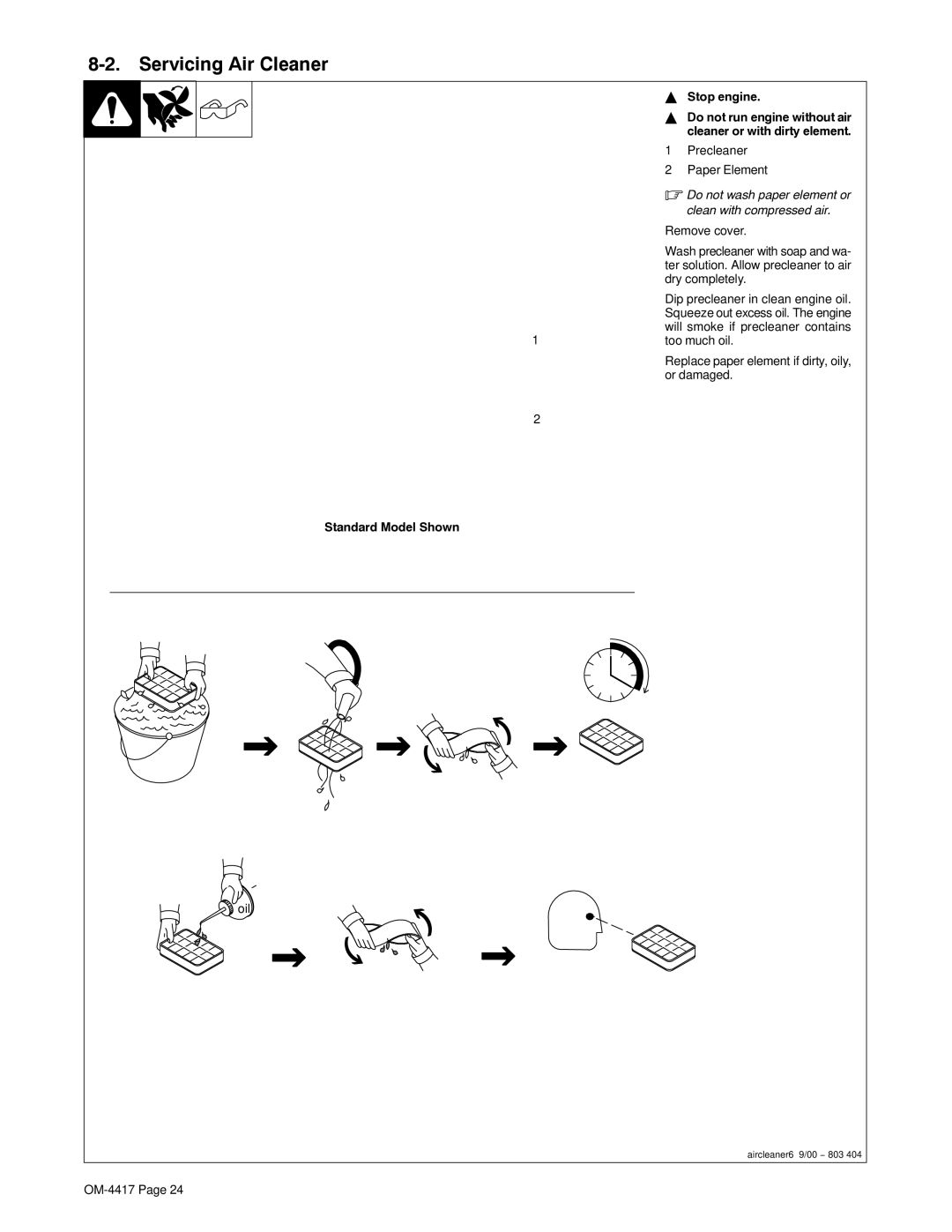 Miller Electric 145 DX manual Servicing Air Cleaner, Stop engine, Standard Model Shown 