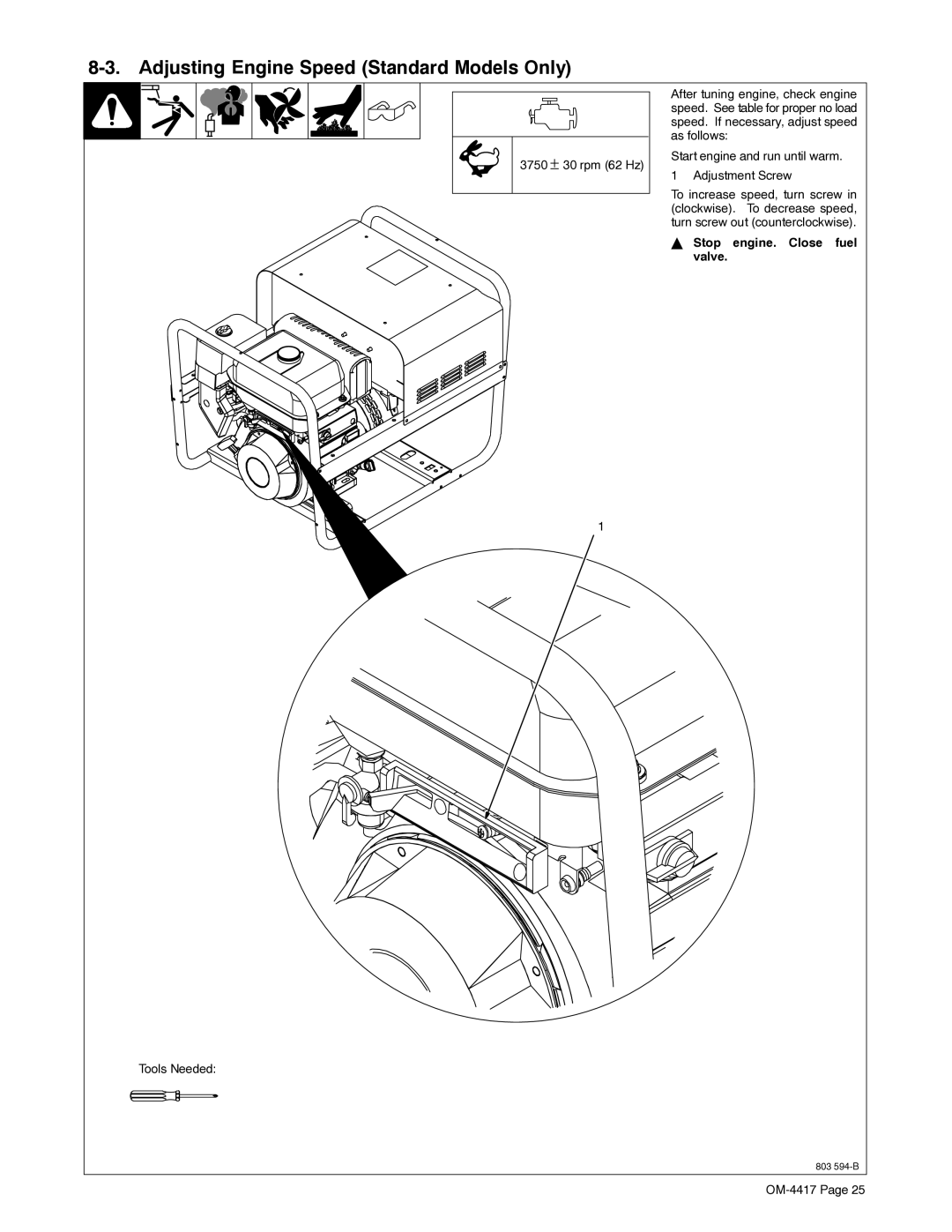 Miller Electric 145 DX manual Adjusting Engine Speed Standard Models Only, Stop engine. Close fuel valve, Tools Needed 