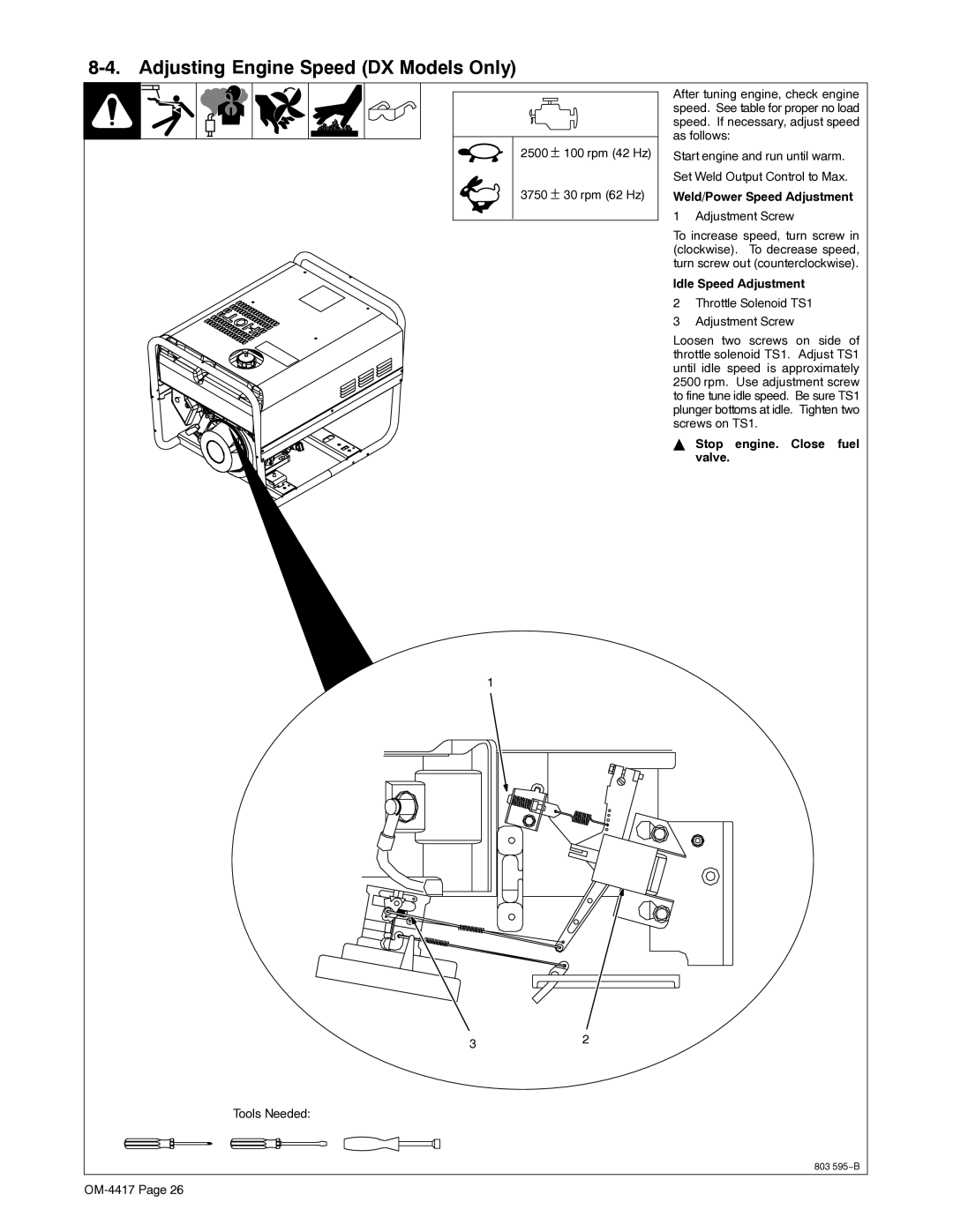 Miller Electric 145 DX manual Adjusting Engine Speed DX Models Only, Weld/Power Speed Adjustment, Idle Speed Adjustment 