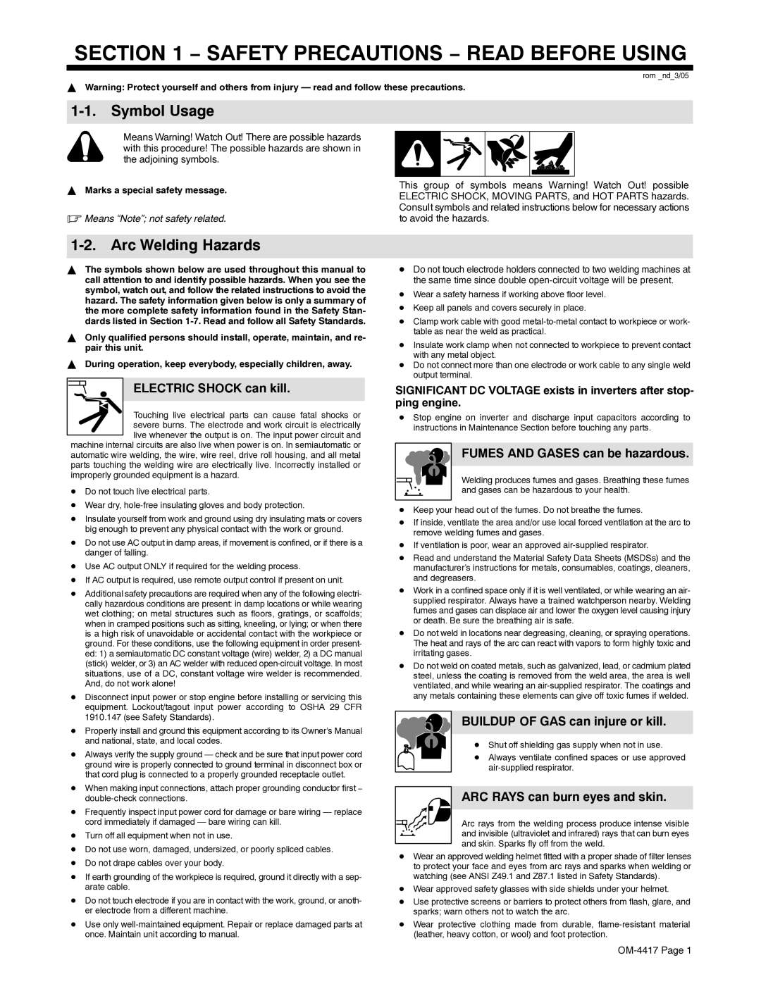 Miller Electric 145 DX manual Symbol Usage, Arc Welding Hazards 