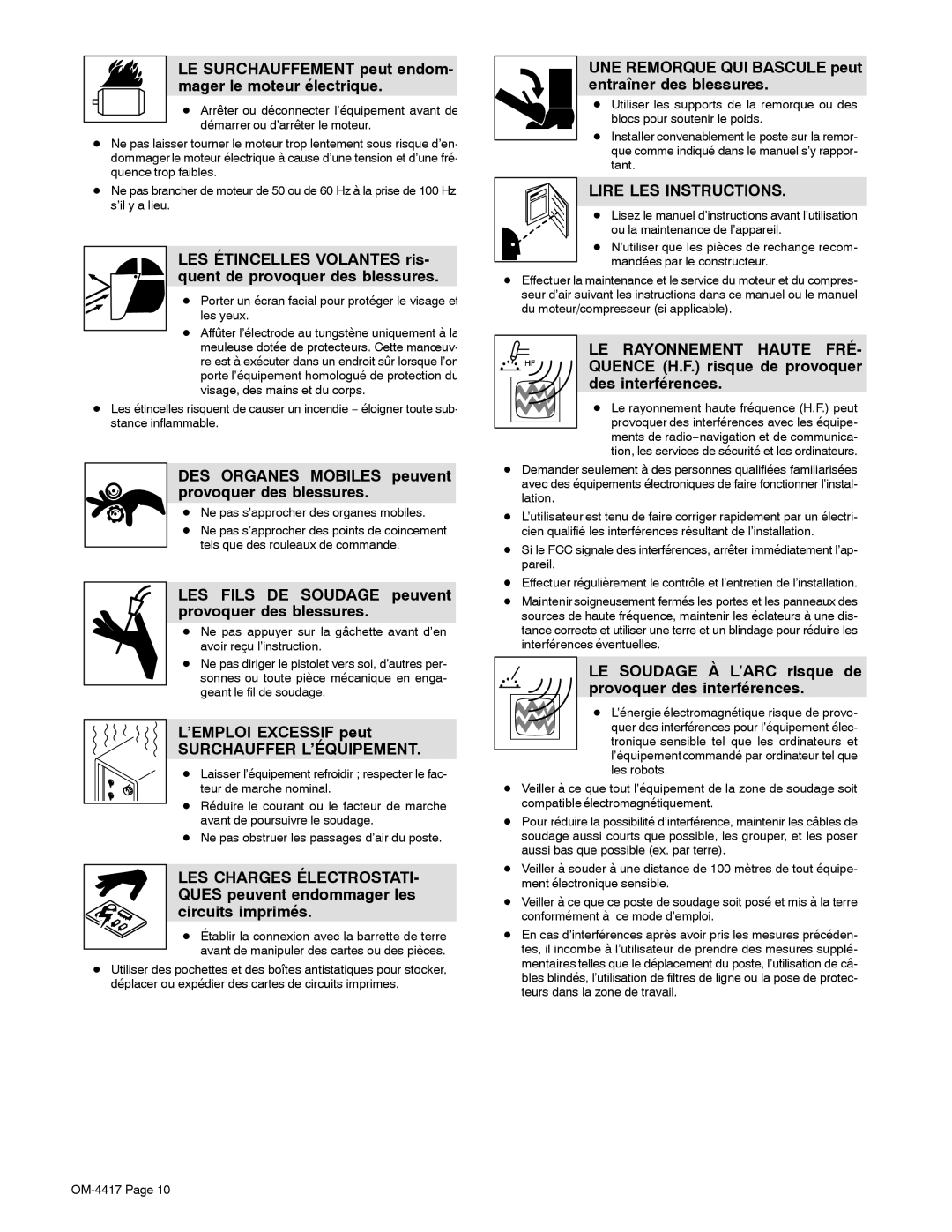 Miller Electric 145 DXR, 145 manual LE Surchauffement peut endom- mager le moteur électrique, ’EMPLOI Excessif peut 