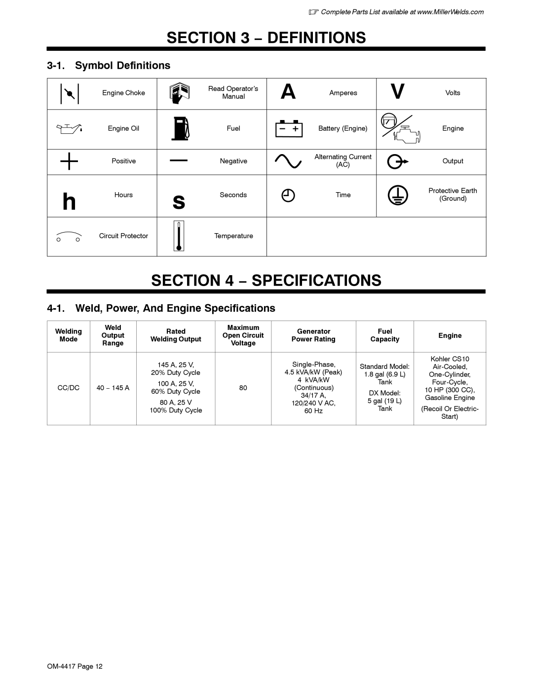 Miller Electric 145 DXR, 145, Blue Star 145 manual Symbol Definitions, Weld, Power, And Engine Specifications 