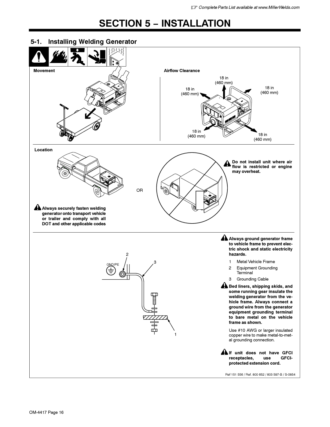 Miller Electric 145 DXR, 145, Blue Star 145 manual Installation, Installing Welding Generator, Movement, Hazards 