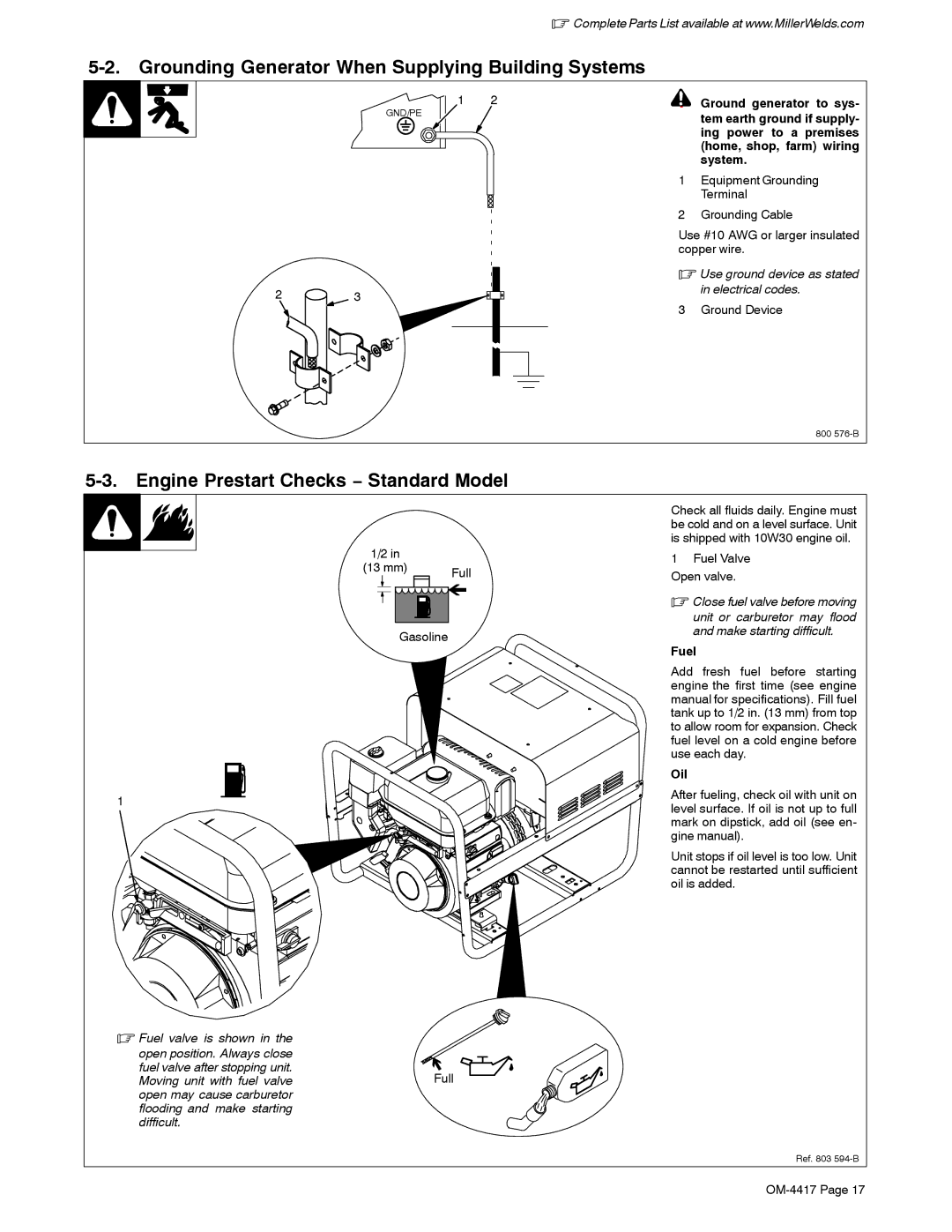 Miller Electric Blue Star 145 Grounding Generator When Supplying Building Systems, Engine Prestart Checks − Standard Model 