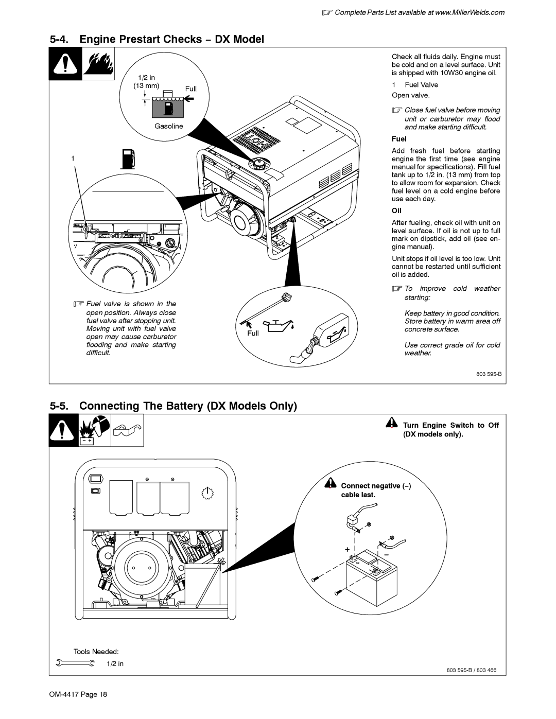 Miller Electric 145 DXR, 145, Blue Star 145 manual Engine Prestart Checks − DX Model, Connecting The Battery DX Models Only 