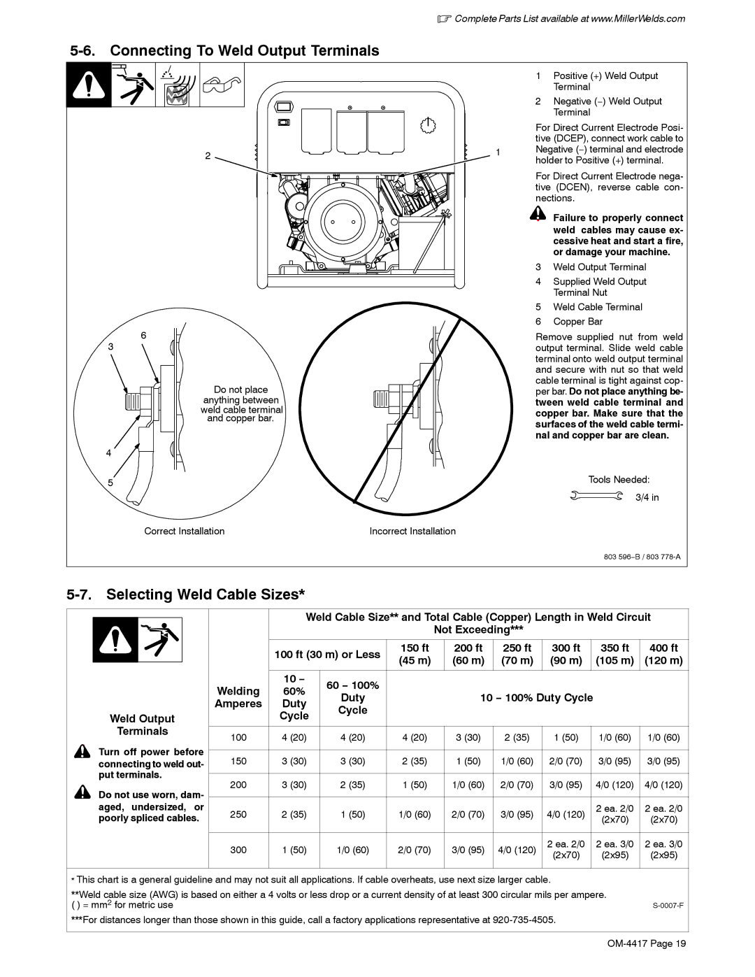 Miller Electric Blue Star 145, 145 DXR, 145 Connecting To Weld Output Terminals, Selecting Weld Cable Sizes, Put terminals 