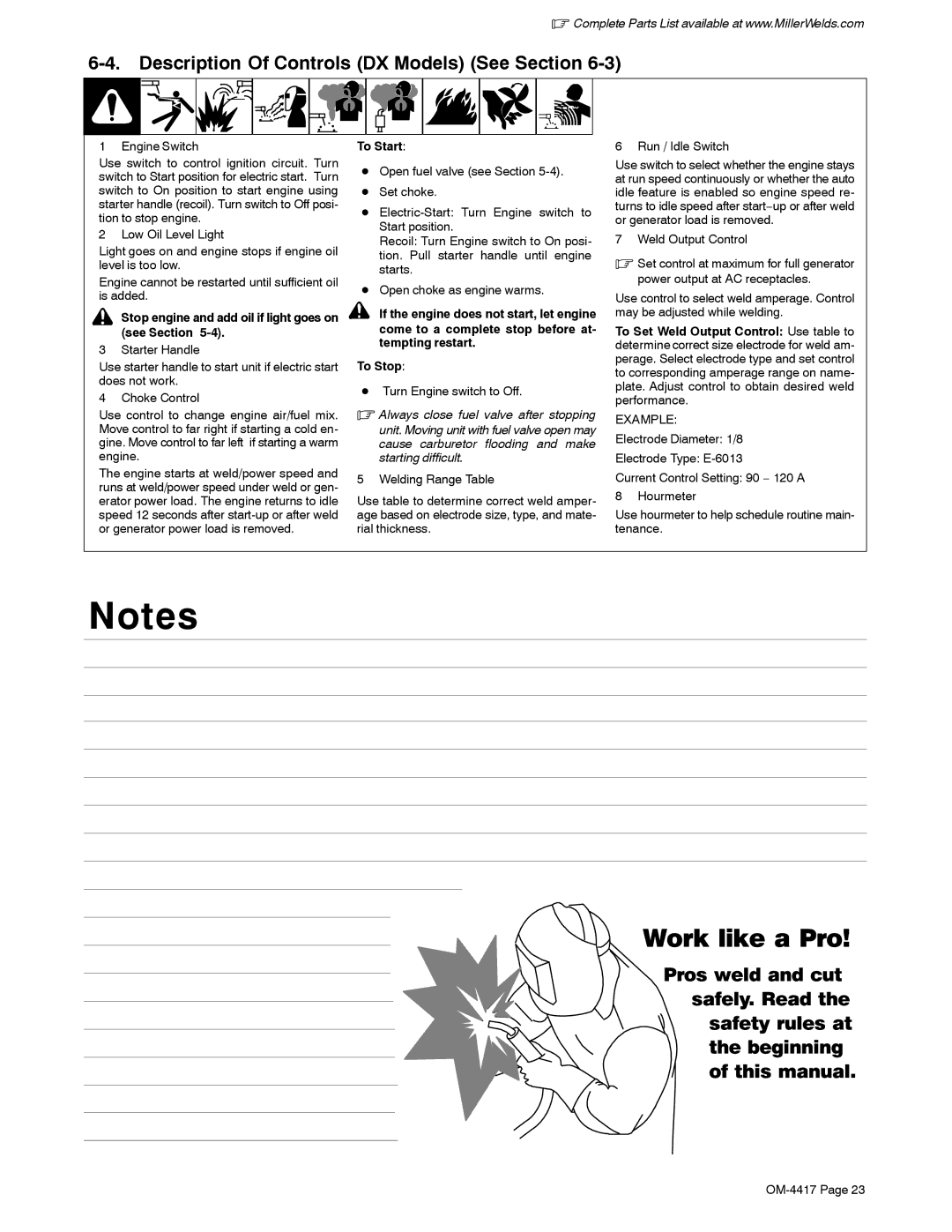 Miller Electric Blue Star 145, 145 DXR, 145 manual Description Of Controls DX Models See Section 