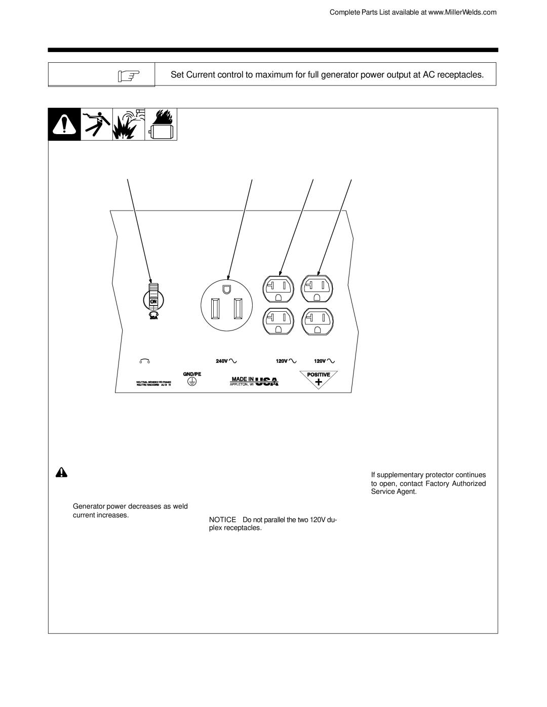 Miller Electric 145 DXR, 145 manual Operating Auxiliary Equipment, Generator Power Panel Receptacles, AC Receptacle RC1 