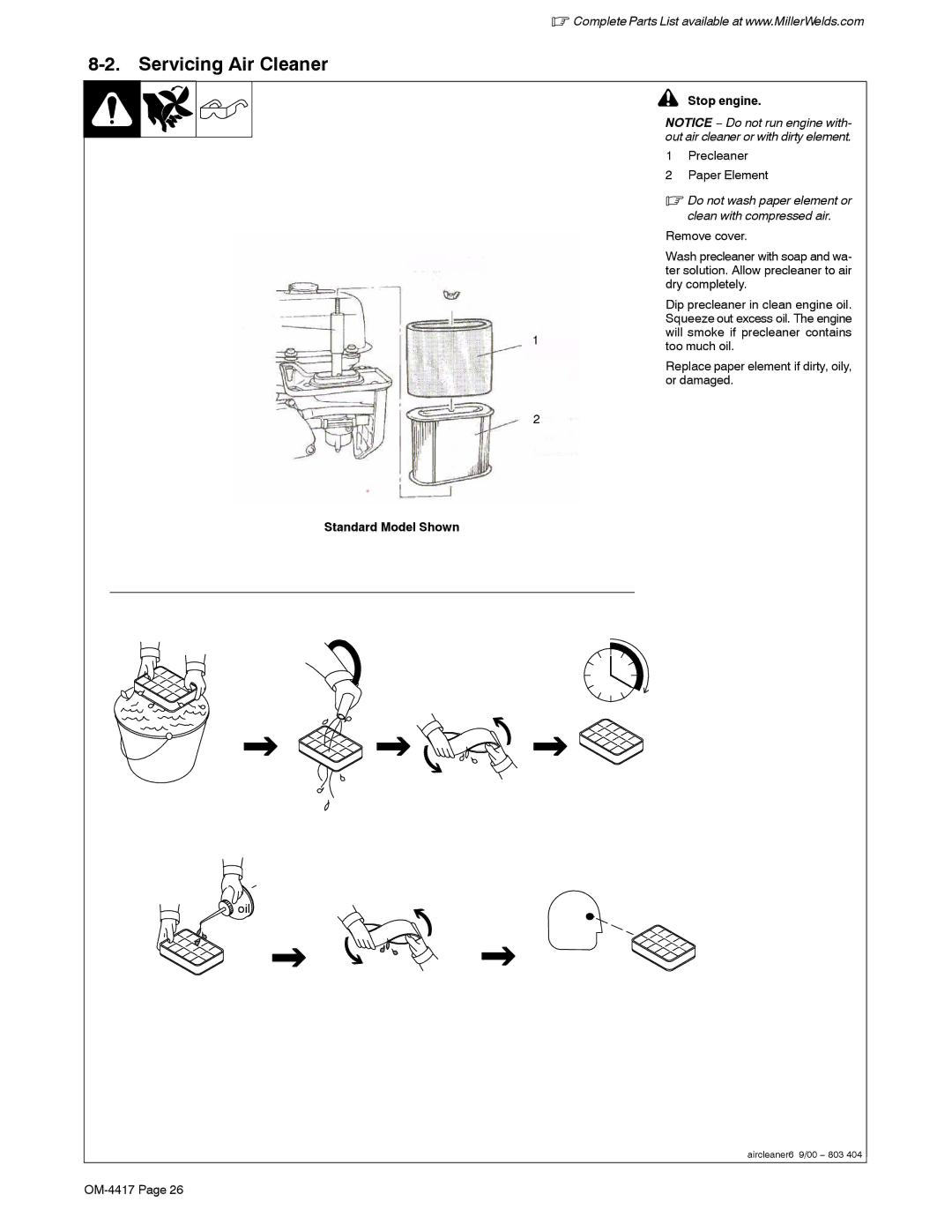 Miller Electric 145 DXR, 145 manual Servicing Air Cleaner, Stop engine, Precleaner Paper Element, Standard Model Shown 