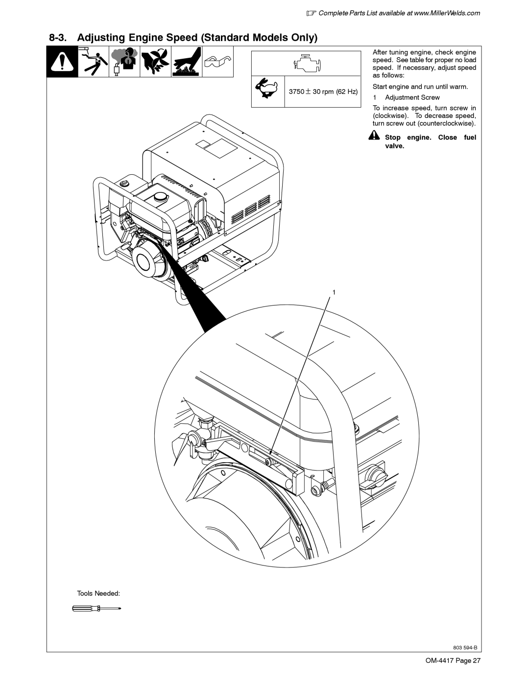 Miller Electric Blue Star 145 manual Adjusting Engine Speed Standard Models Only, Stop Engine Close, Valve, Tools Needed 