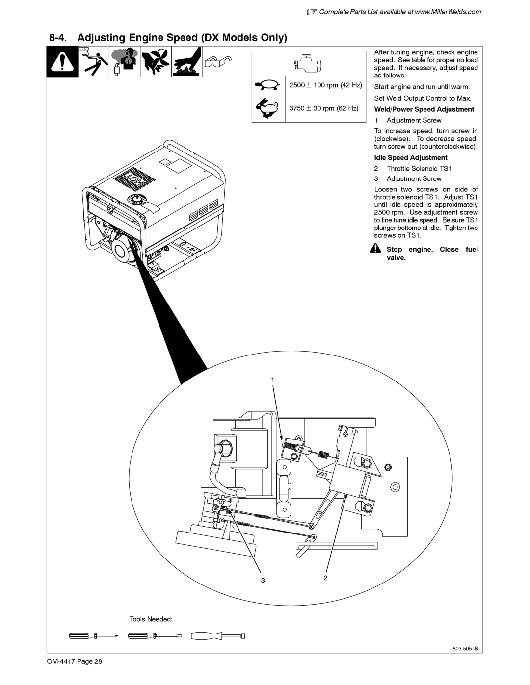 Miller Electric 145 DXR, 145 Adjusting Engine Speed DX Models Only, Weld/Power Speed Adjustment, Idle Speed Adjustment 