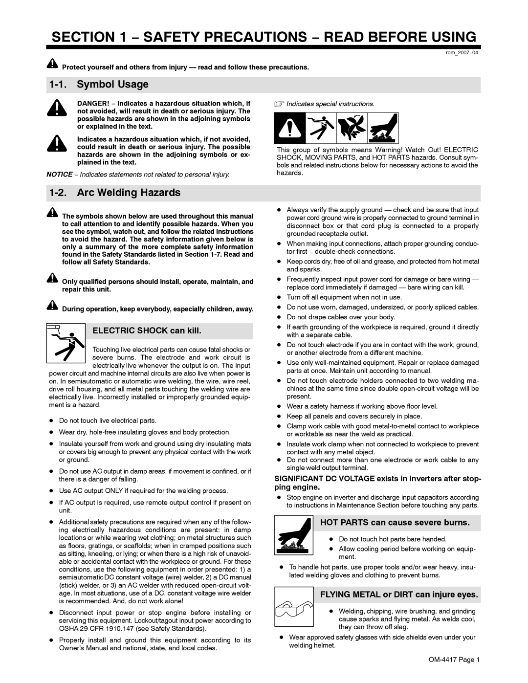 Miller Electric Blue Star 145 Symbol Usage, Arc Welding Hazards, Electric Shock can kill, HOT Parts can cause severe burns 