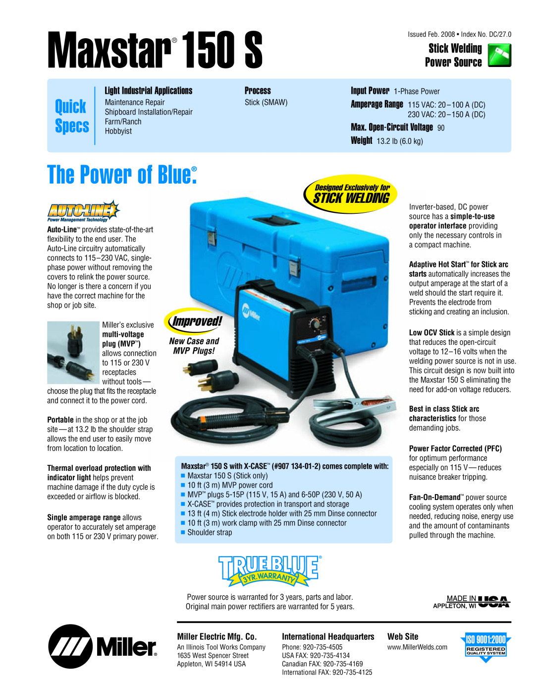 Miller Electric manual Maxstar 150 S, The Power of Blue, Quick, Stick Welding, Specs, Power Source, Improved, Process 