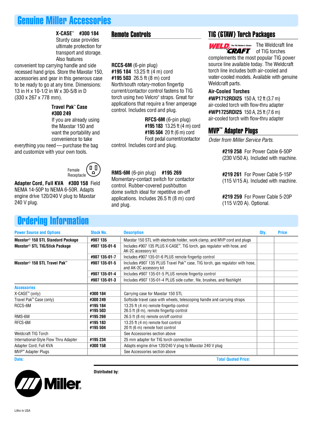 Miller Electric 150 STL manual Genuine Miller Accessories, Ordering Information, Remote Controls, TIG Gtaw Torch Packages 