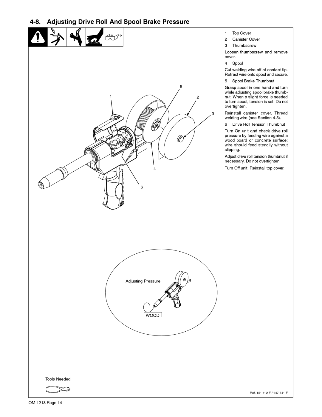 Miller Electric 15A, 30A manual Adjusting Drive Roll And Spool Brake Pressure, Turn On unit and check drive roll 