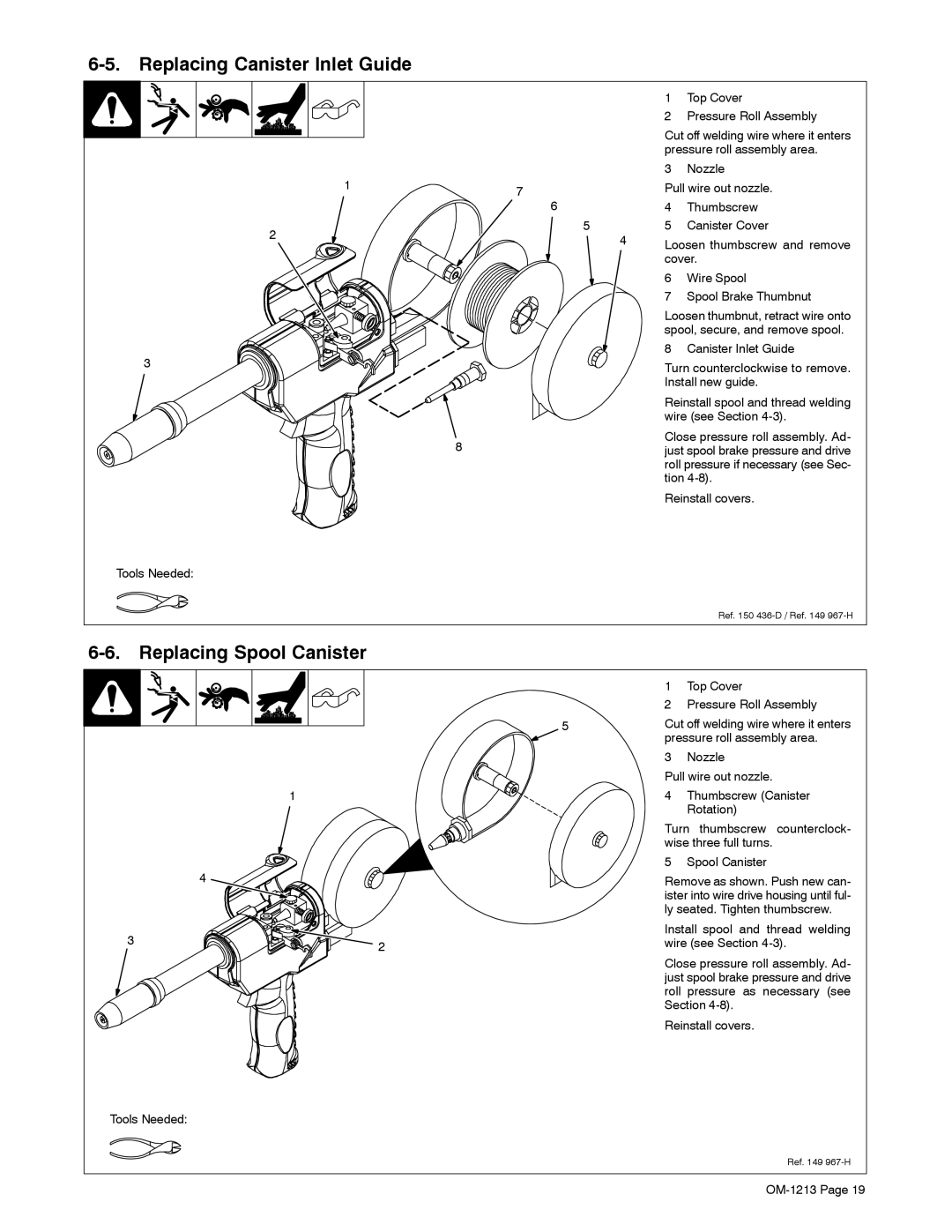 Miller Electric 30A, 15A manual Replacing Canister Inlet Guide, Replacing Spool Canister 