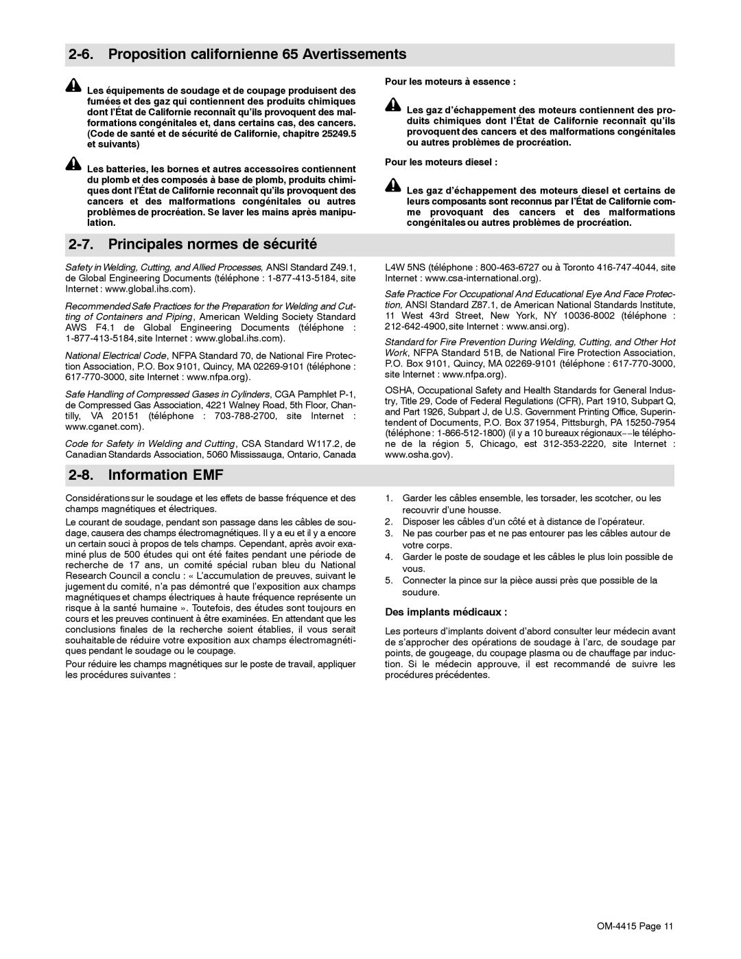 Miller Electric 185 DX manual Proposition californienne 65 Avertissements, Principales normes de sécurité, Information EMF 