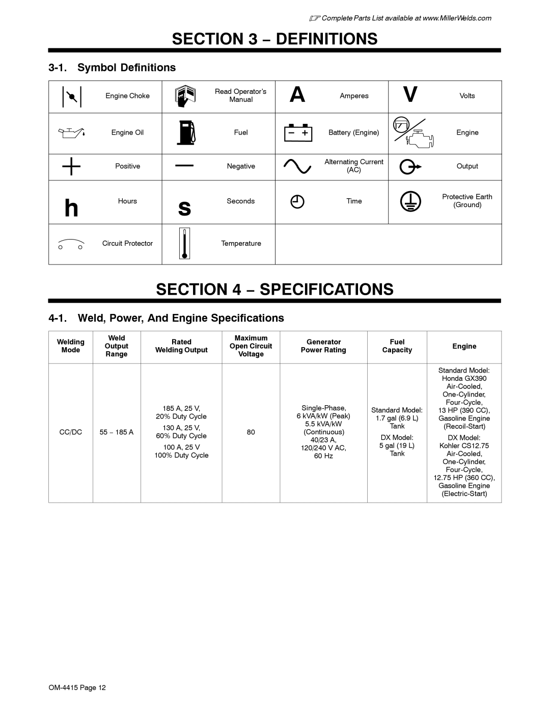 Miller Electric 185 DX manual Symbol Definitions, Weld, Power, And Engine Specifications 