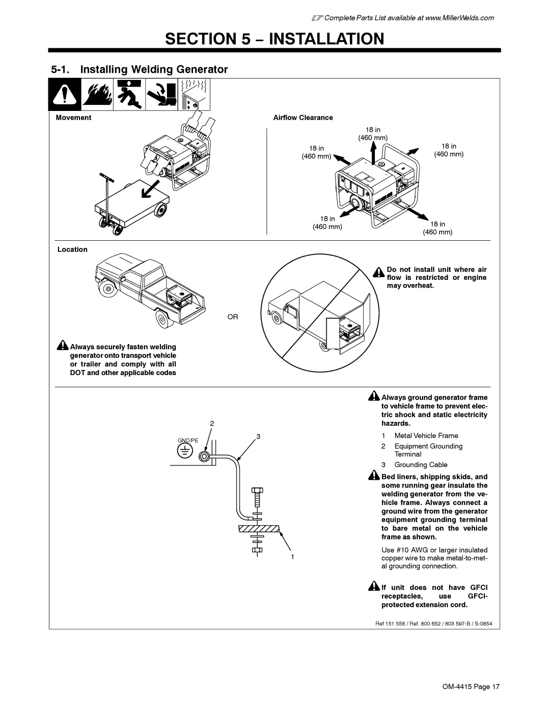 Miller Electric 185 DX manual Installation, Installing Welding Generator, Movement, Hazards 